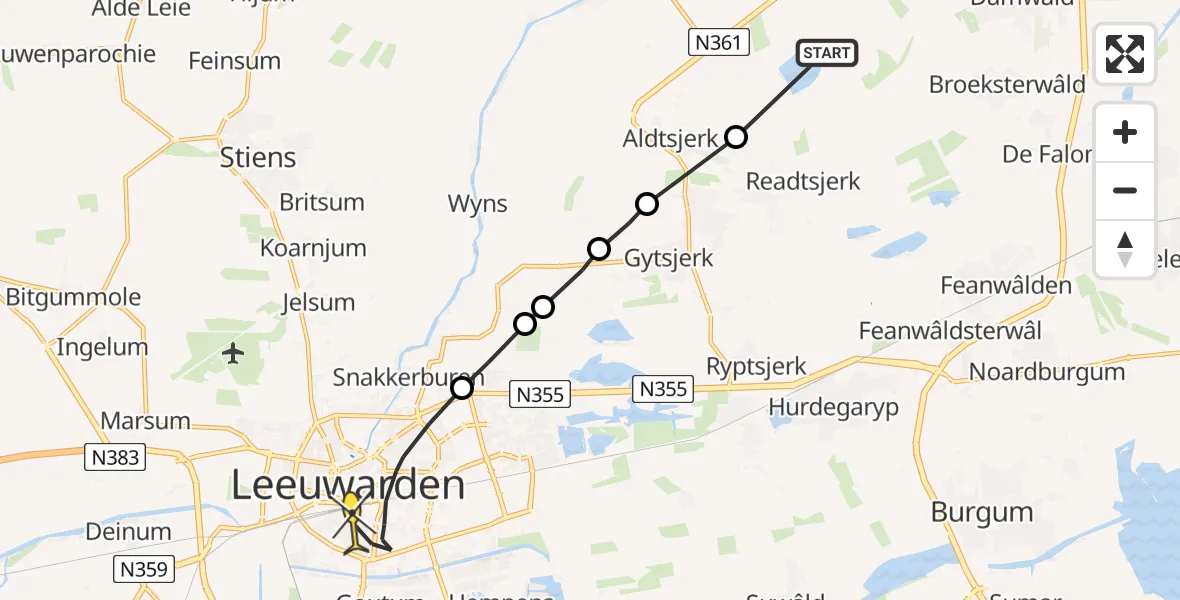 Routekaart van de vlucht: Ambulancehelikopter naar Leeuwarden, Boskwei