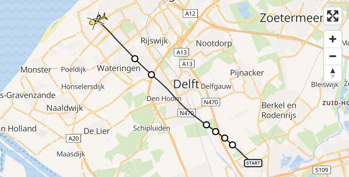 Routekaart van de vlucht: Lifeliner 2 naar Den Haag, Guavestraat