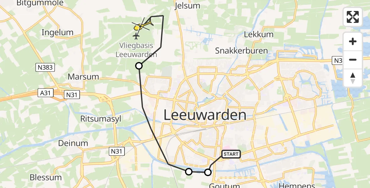 Vluchtroute Ambulancehelikopter van Leeuwarden naar Vliegbasis Leeuwarden