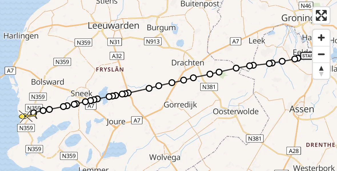 Routekaart van de vlucht: Lifeliner 4 naar Workum, Veldkampweg