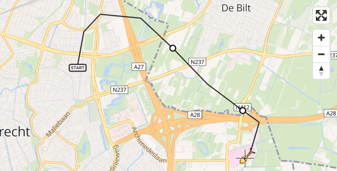 Routekaart van de vlucht: Lifeliner 1 naar Universitair Medisch Centrum Utrecht, Aartsbisschop Romerostraat