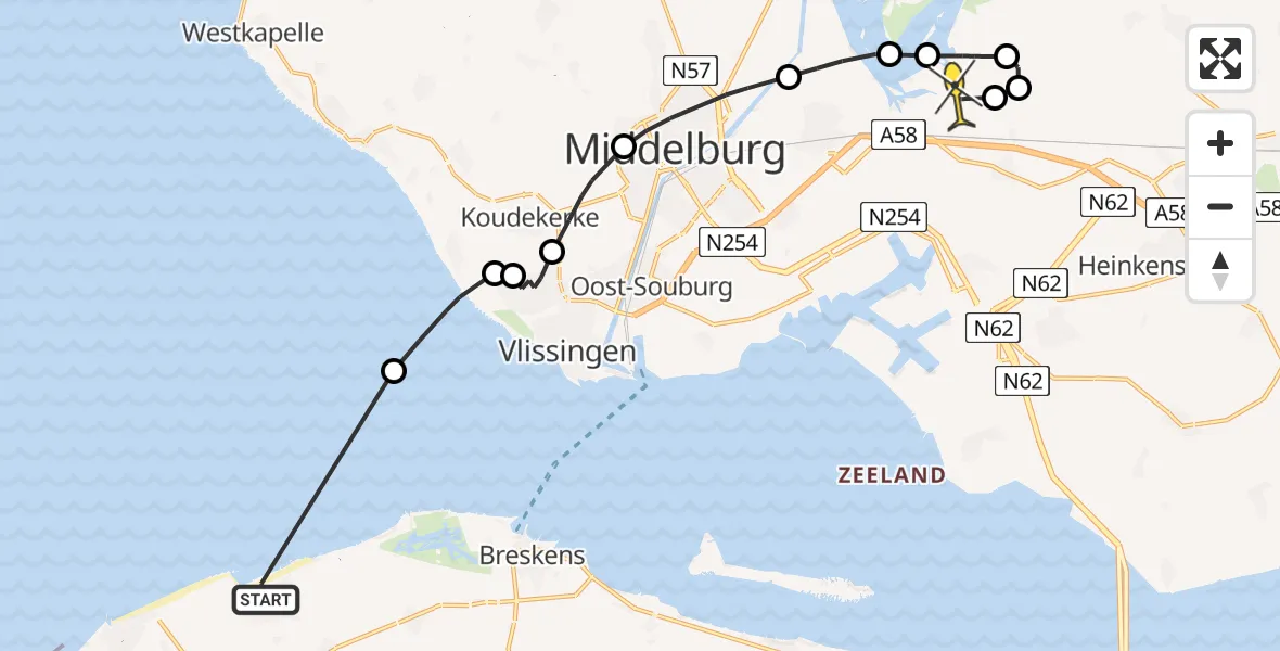 Routekaart van de vlucht: Politieheli naar Vliegveld Midden-Zeeland, Calandweg