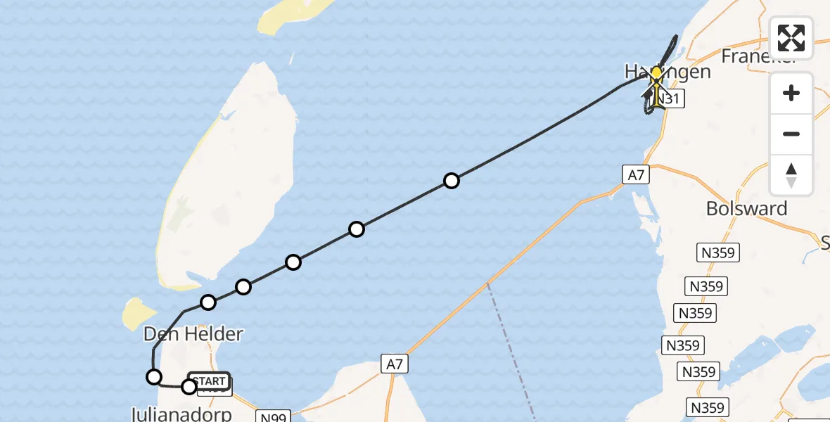 Routekaart van de vlucht: Kustwachthelikopter naar Harlingen, Middenvliet