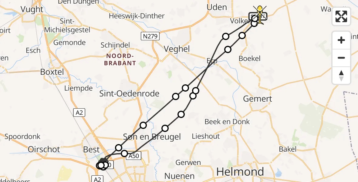 Routekaart van de vlucht: Politieheli naar Vliegbasis Volkel, Rechtestraat