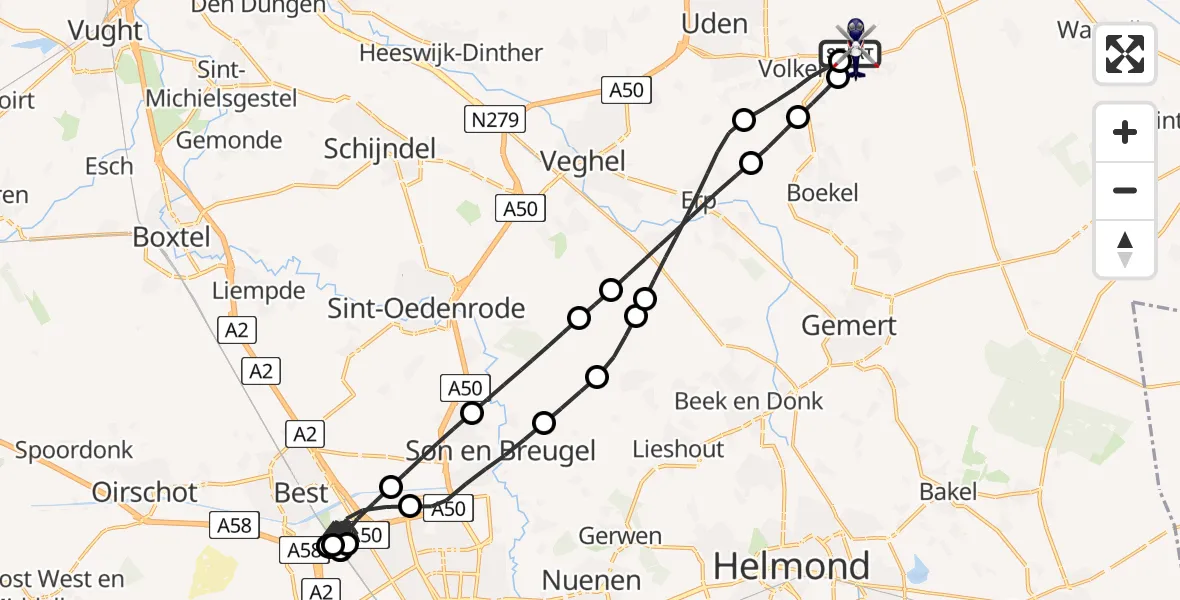 Vluchtroute Politiehelikopter van Vliegbasis Volkel naar Vliegbasis Volkel
