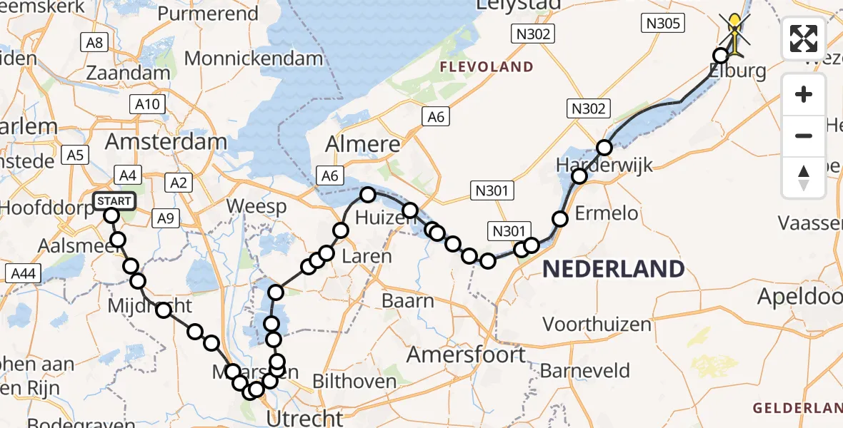 Routekaart van de vlucht: Politieheli naar Dronten, Amsterdam-Bataviaweg