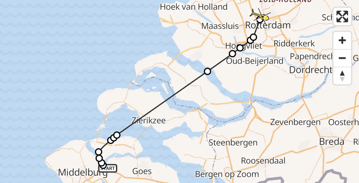 Routekaart van de vlucht: Politieheli naar Rotterdam The Hague Airport, Lamsoor