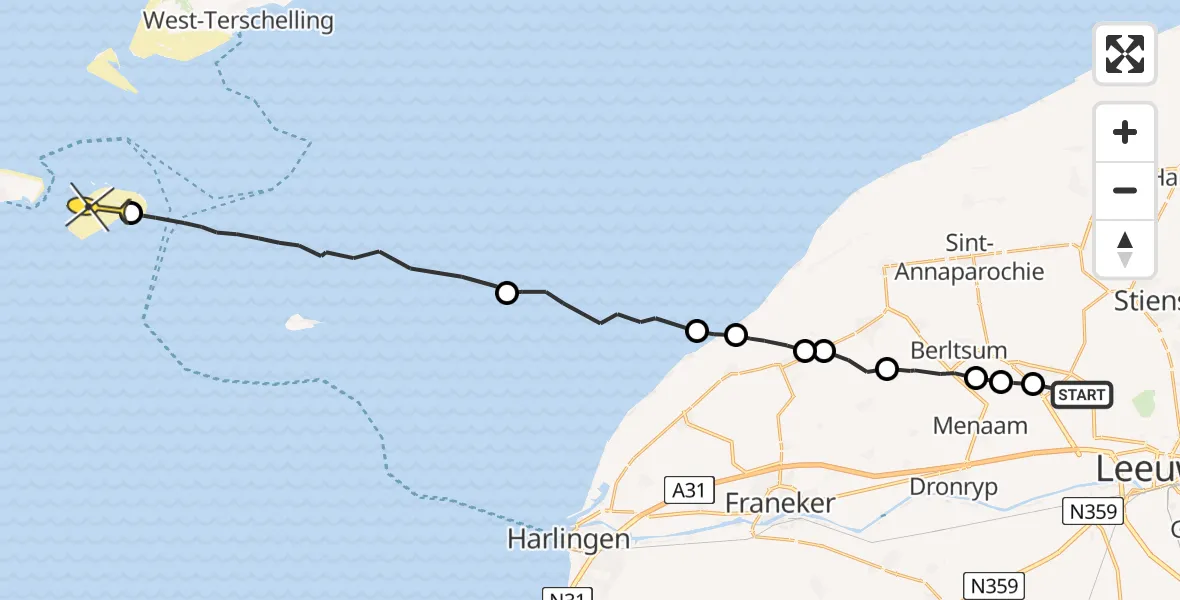 Routekaart van de vlucht: Ambulanceheli naar Vlieland, Middelseewei