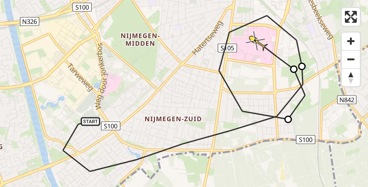 Routekaart van de vlucht: Lifeliner 3 naar Radboud Universitair Medisch Centrum, Schalunenburgstraat