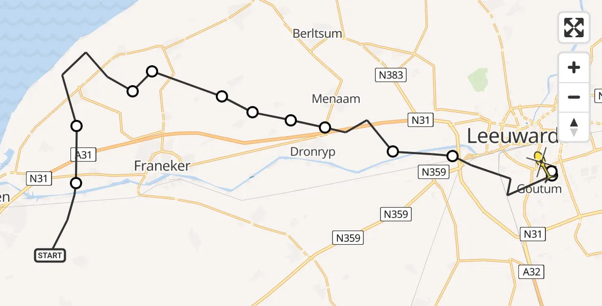 Routekaart van de vlucht: Ambulancehelikopter naar Leeuwarden, Ieslumbuorren