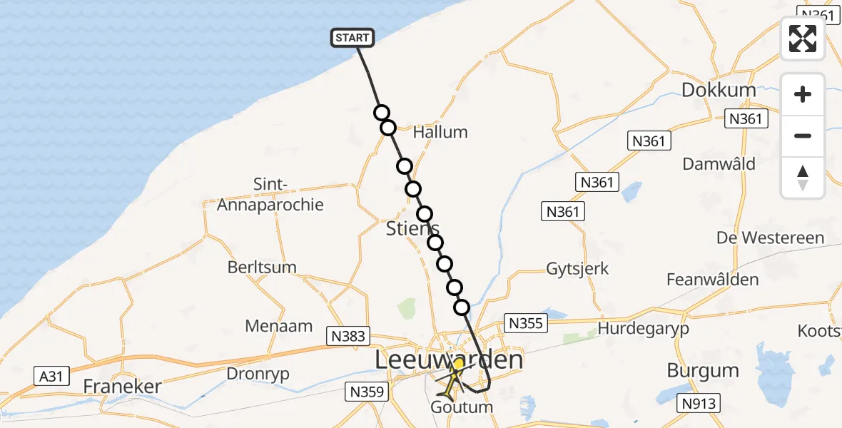 Routekaart van de vlucht: Ambulanceheli naar Leeuwarden, Westerdobbe