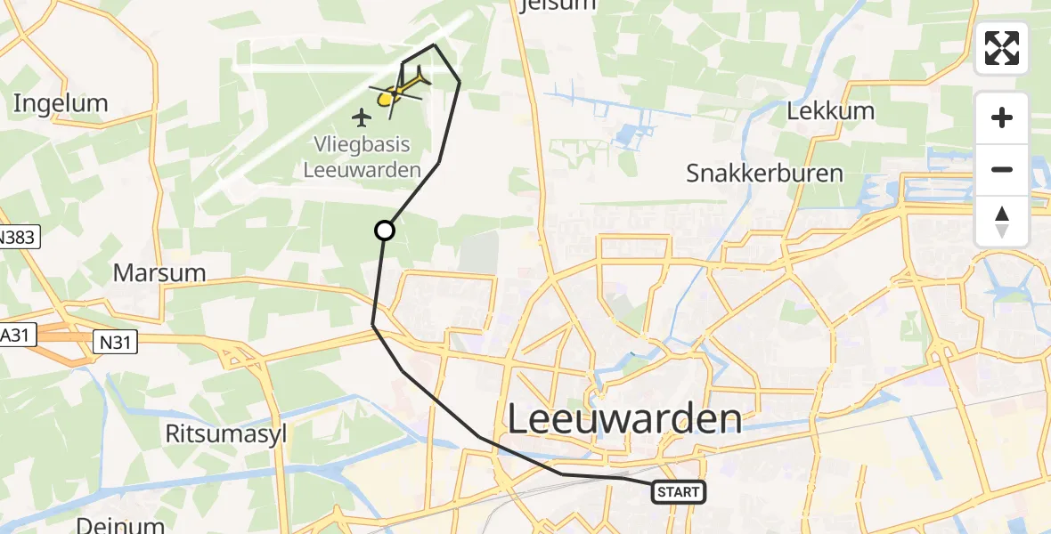 Vluchtroute Ambulancehelikopter van Leeuwarden naar Vliegbasis Leeuwarden