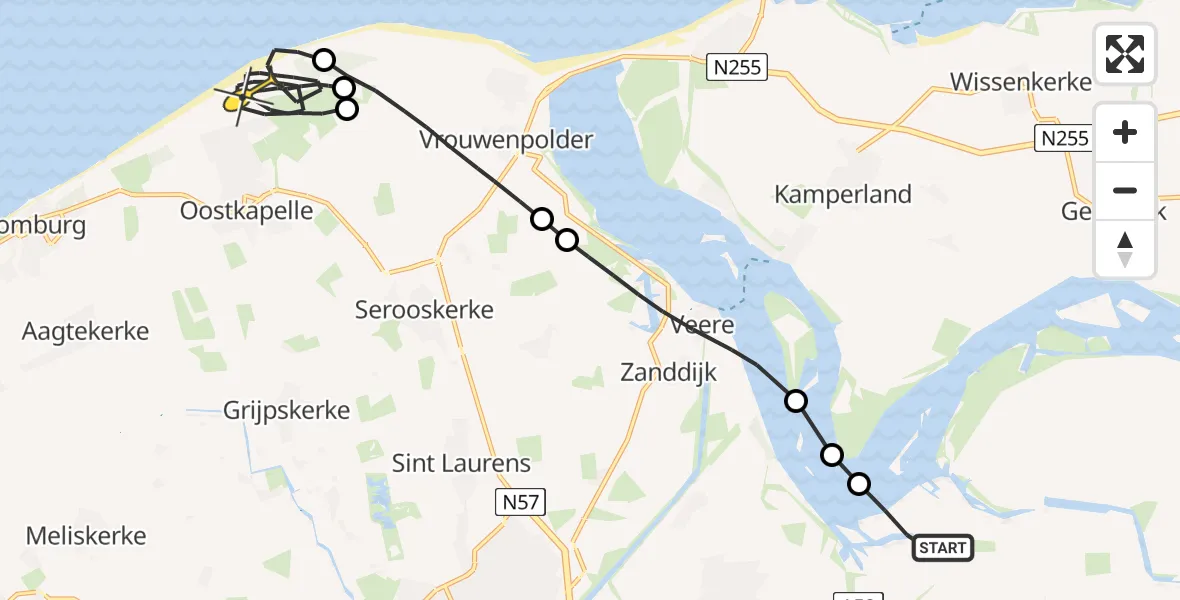 Routekaart van de vlucht: Kustwachthelikopter naar Oostkapelle, Lamsoor