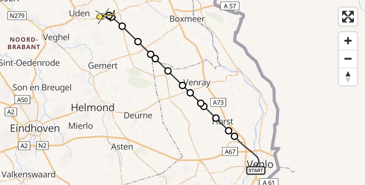 Routekaart van de vlucht: Lifeliner 3 naar Vliegbasis Volkel, Eindhovenseweg