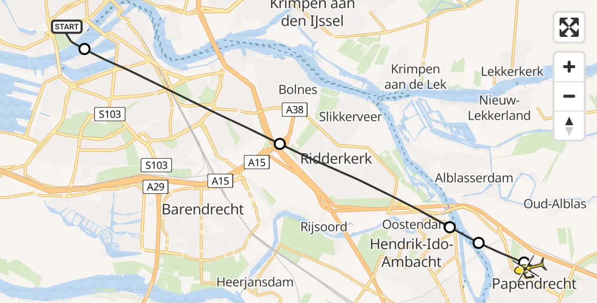 Routekaart van de vlucht: Lifeliner 2 naar Papendrecht, 1ste Katendrechtsehoofd