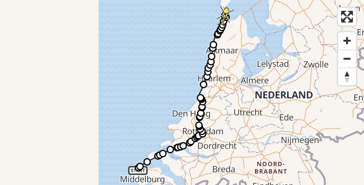 Routekaart van de vlucht: Kustwachthelikopter naar Vliegveld De Kooy, Strand Oostkapelle