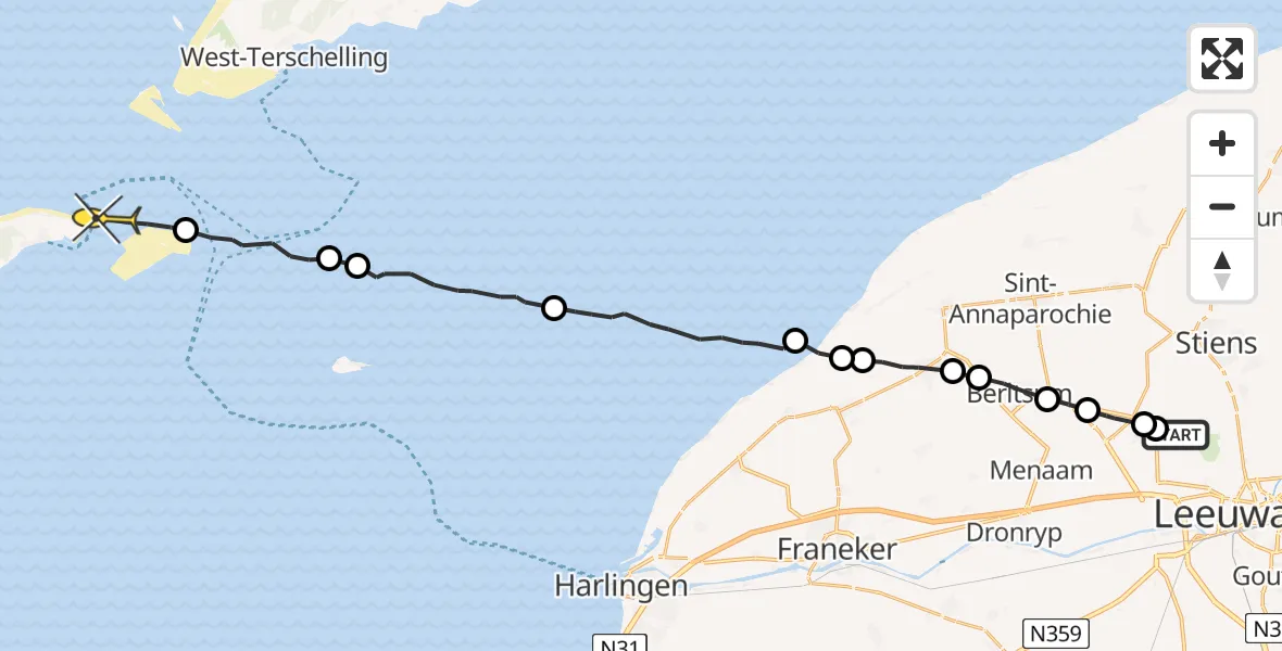 Routekaart van de vlucht: Ambulanceheli naar Vlieland, Dyksterhuzen