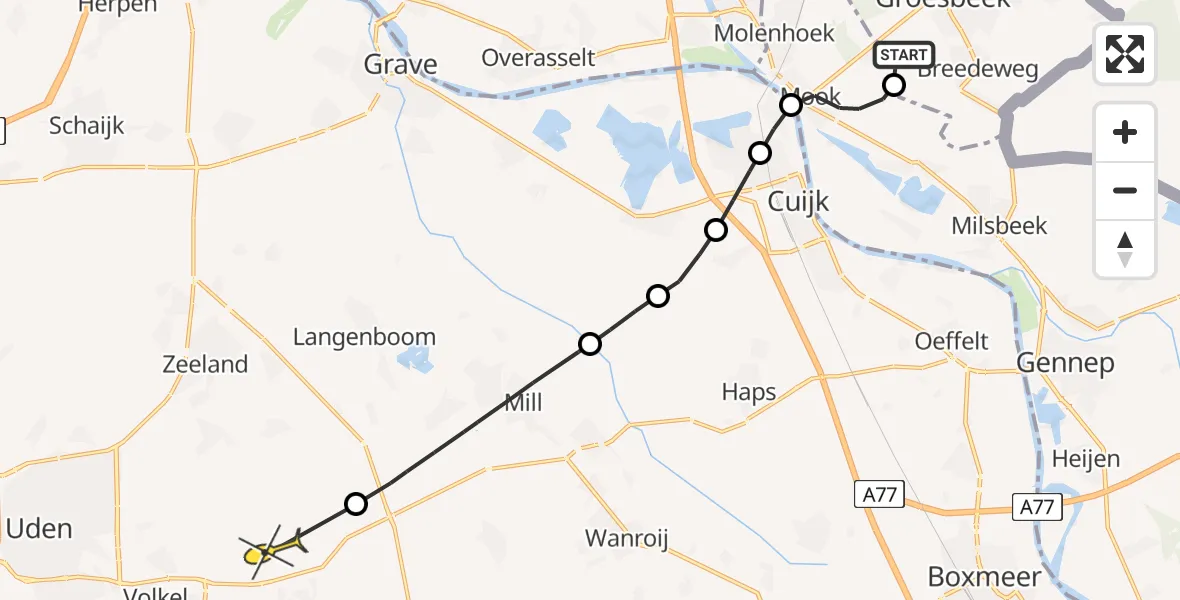 Routekaart van de vlucht: Politieheli naar Vliegbasis Volkel, Zandboan