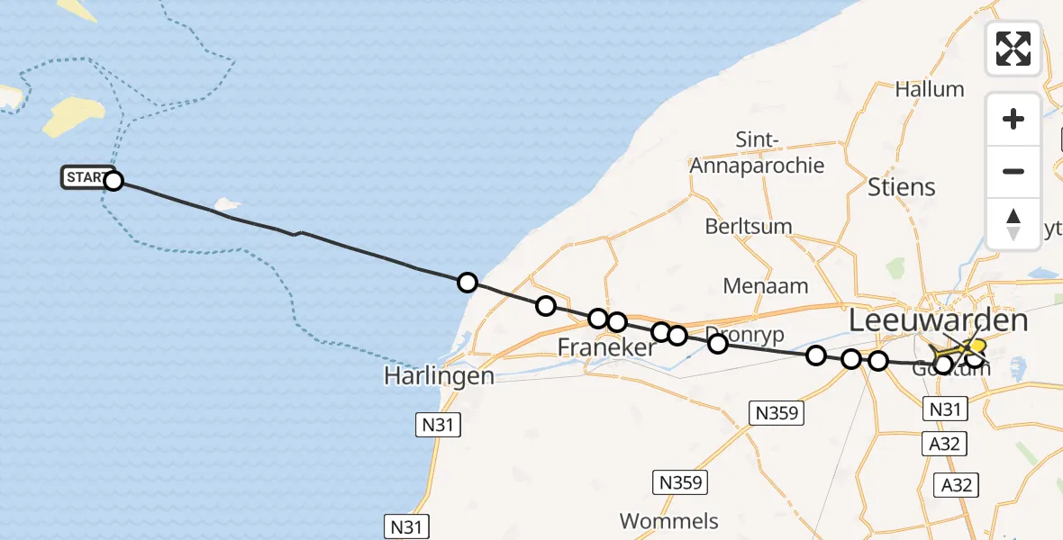 Routekaart van de vlucht: Ambulanceheli naar Leeuwarden, Heempark Wirdumervaart