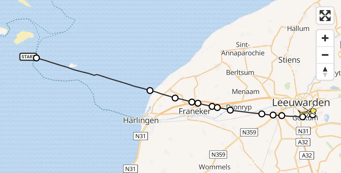 Routekaart van de vlucht: Ambulancehelikopter naar Leeuwarden, Heempark Wirdumervaart