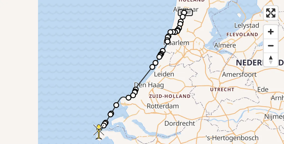 Routekaart van de vlucht: Kustwachthelikopter naar Burgh-Haamstede, Duinhoevepad