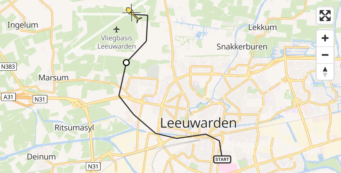 Vluchtroute Ambulancehelikopter van Leeuwarden naar Vliegbasis Leeuwarden