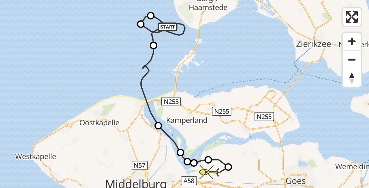 Routekaart van de vlucht: Kustwachthelikopter naar Vliegveld Midden-Zeeland, Schenge