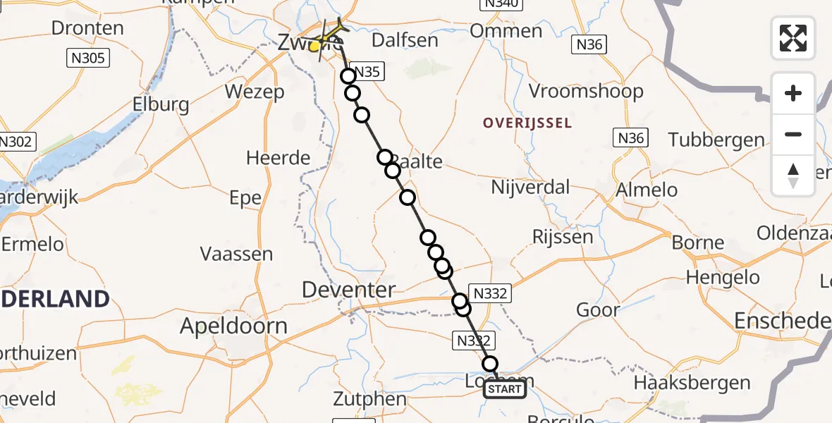 Routekaart van de vlucht: Lifeliner 3 naar Zwolle, Molenbelt