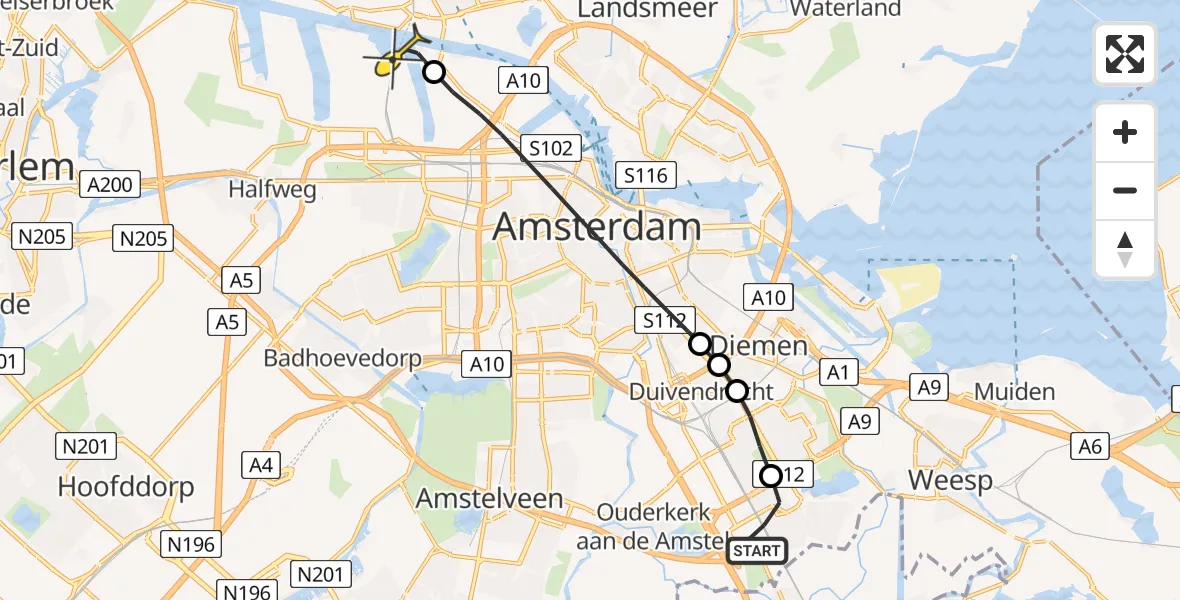 Routekaart van de vlucht: Lifeliner 1 naar Amsterdam Heliport, Ophemerthof