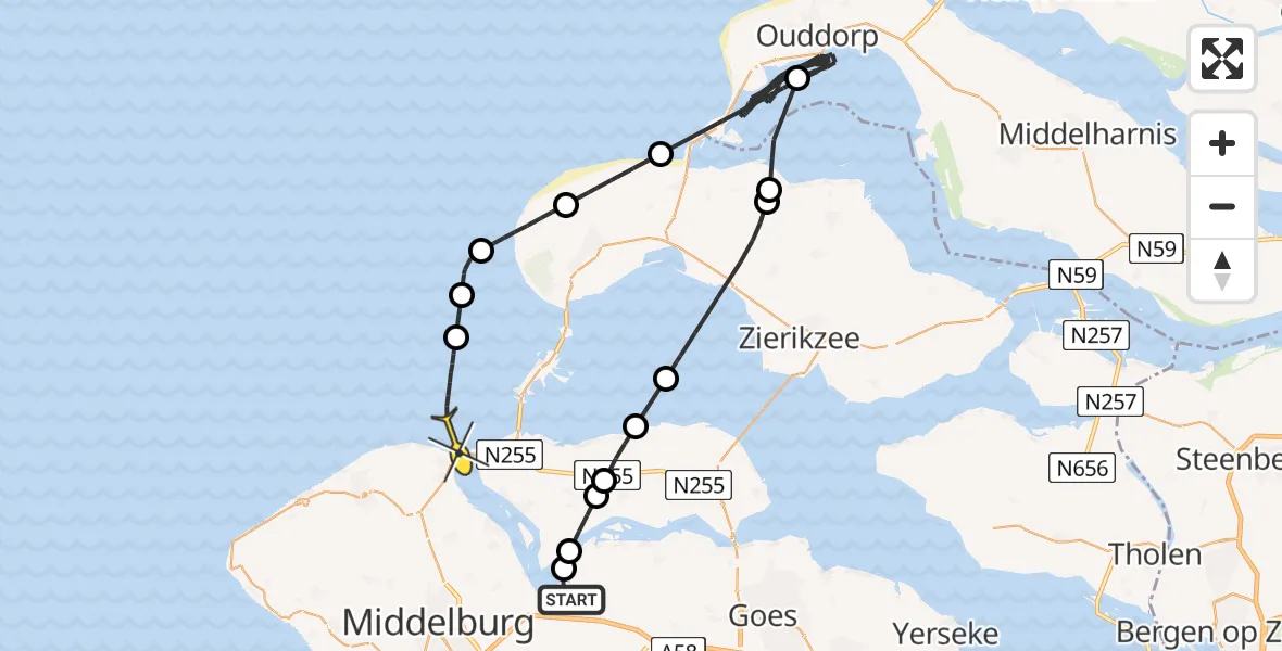 Routekaart van de vlucht: Kustwachthelikopter naar Vrouwenpolder, De Omloop