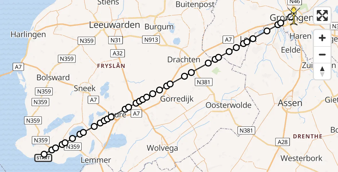 Routekaart van de vlucht: Lifeliner 4 naar Universitair Medisch Centrum Groningen, Enkhuizerlaan