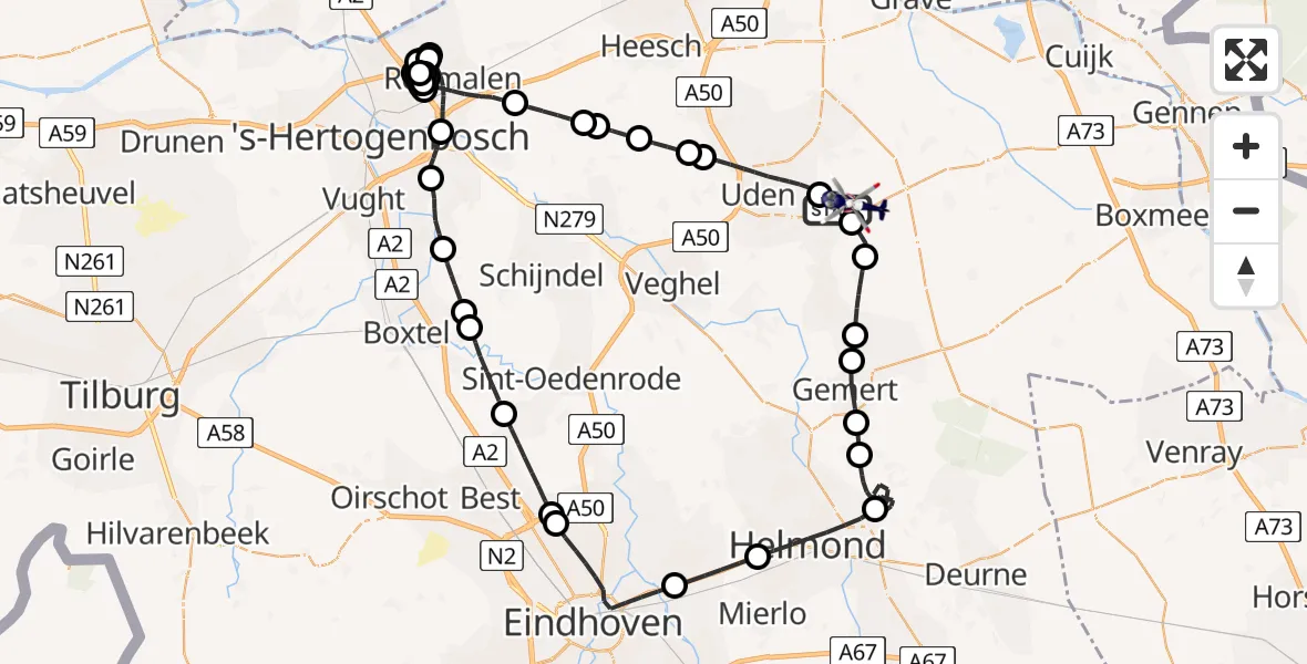 Vluchtroute Politiehelikopter van Vliegbasis Volkel naar Vliegbasis Volkel