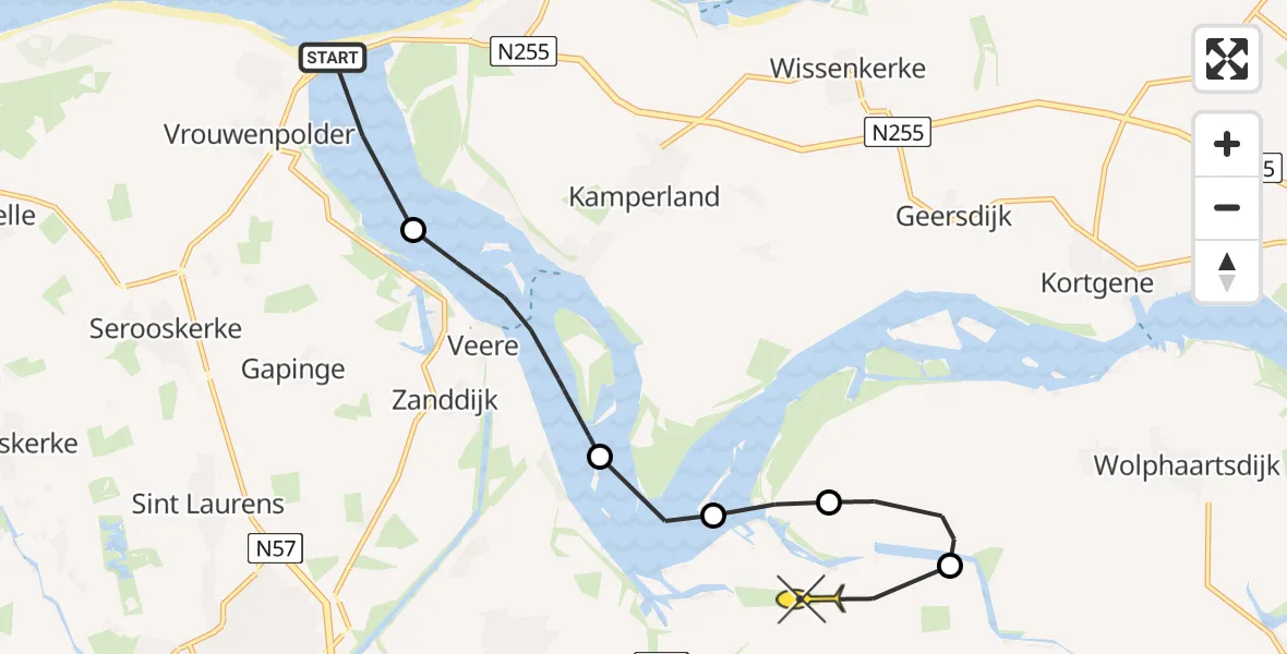 Routekaart van de vlucht: Kustwachthelikopter naar Vliegveld Midden-Zeeland, Schenge