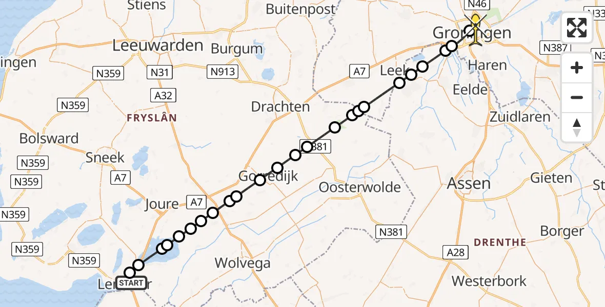 Routekaart van de vlucht: Lifeliner 4 naar Universitair Medisch Centrum Groningen, Kastanjeleane