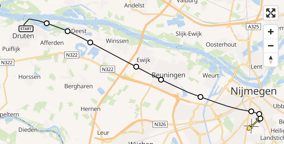 Routekaart van de vlucht: Lifeliner 3 naar Radboud Universitair Medisch Centrum, Waalbandijk