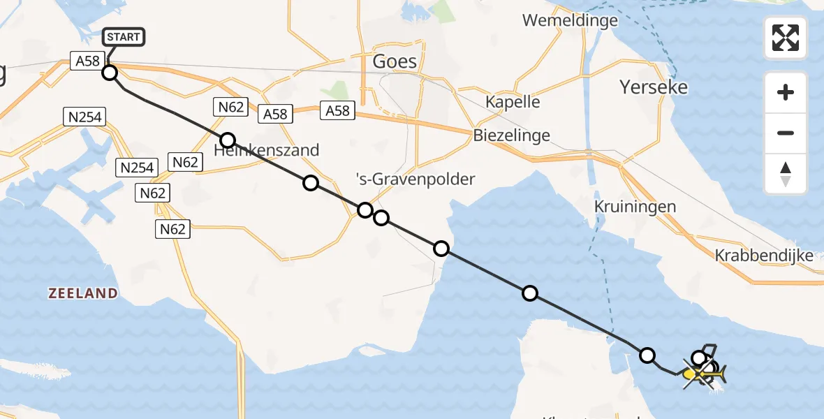 Routekaart van de vlucht: Kustwachthelikopter naar Kloosterzande, Postweg