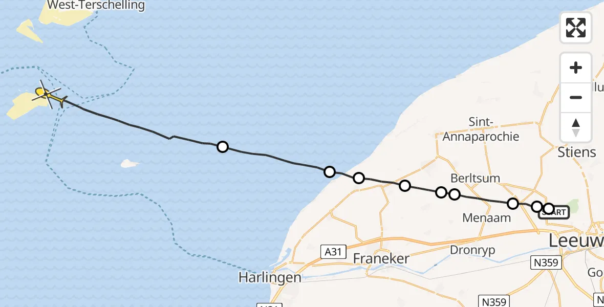 Routekaart van de vlucht: Ambulanceheli naar West-Terschelling, Tilledyk