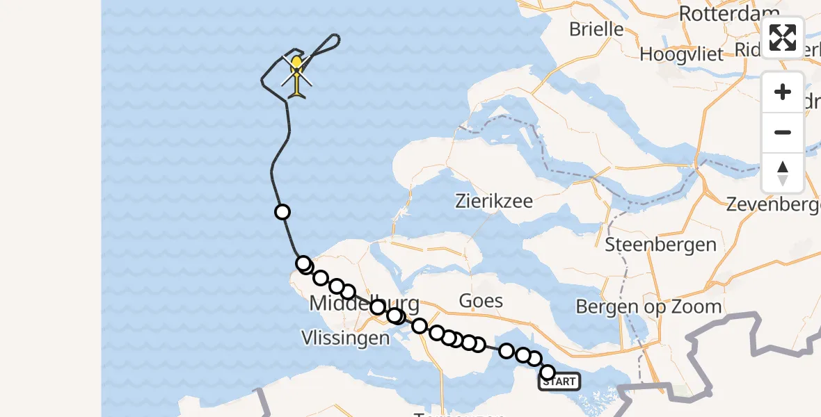 Routekaart van de vlucht: Kustwachthelikopter naar Plaat van Walsoorden