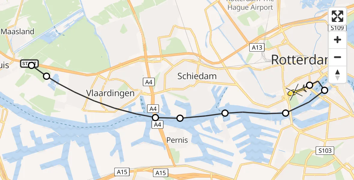 Routekaart van de vlucht: Lifeliner 2 naar Erasmus MC, Blankenburgverbinding