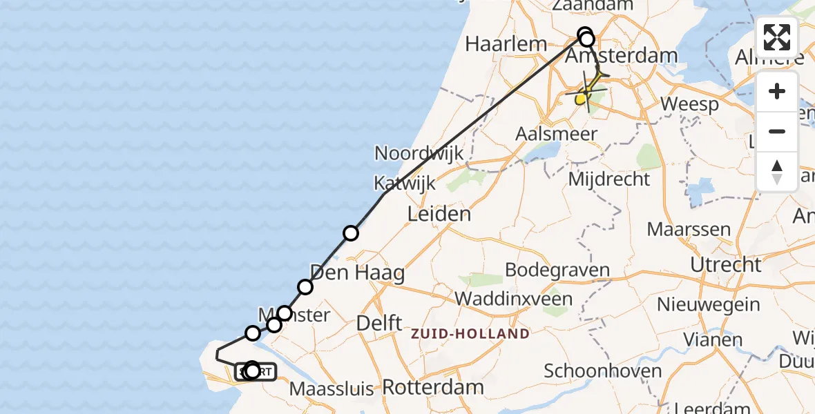 Routekaart van de vlucht: Politieheli naar Amsterdam, Onyx Centrale Rotterdam