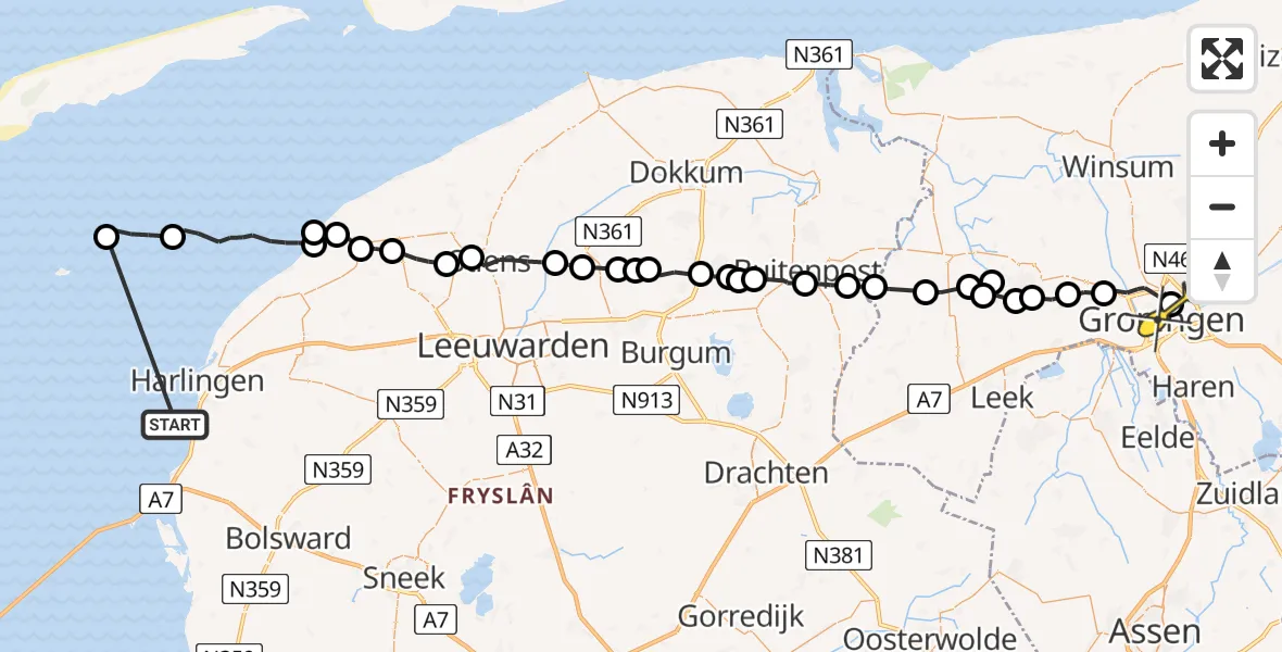 Routekaart van de vlucht: Ambulanceheli naar Universitair Medisch Centrum Groningen, UMCG