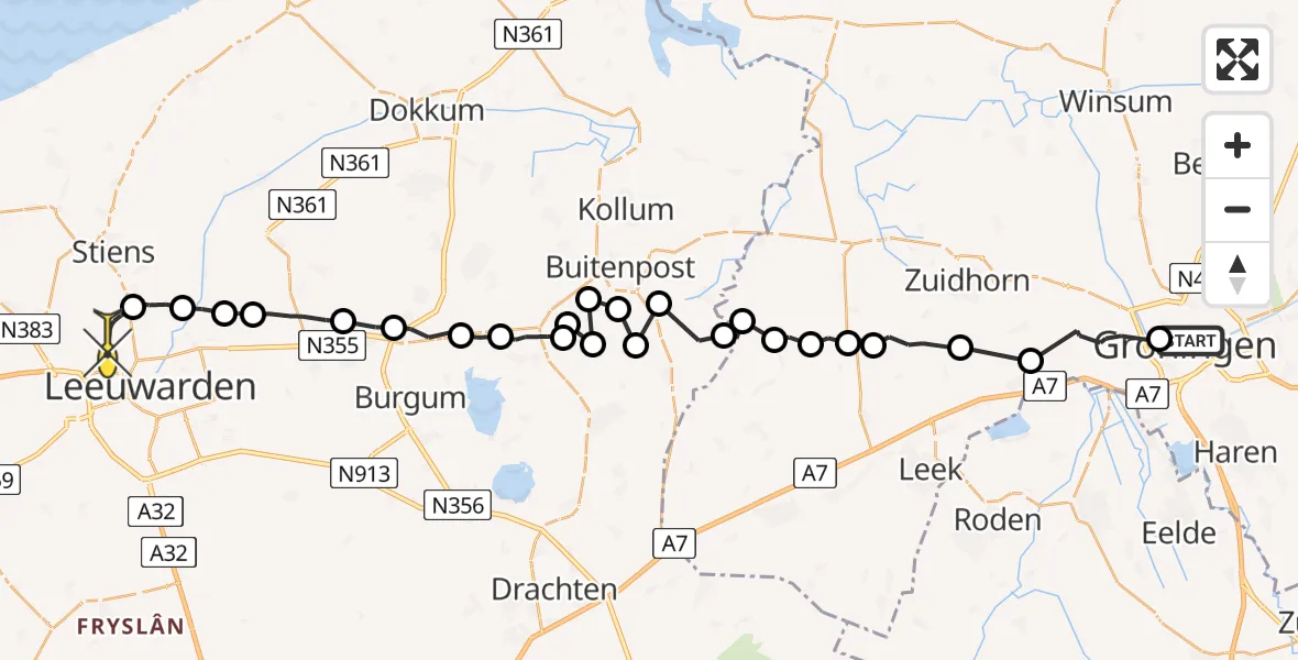 Vluchtroute Ambulancehelikopter van Universitair Medisch Centrum Groningen naar Vliegbasis Leeuwarden