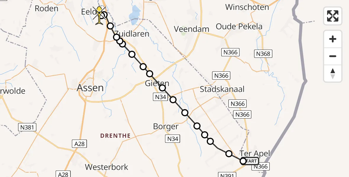 Routekaart van de vlucht: Lifeliner 4 naar Groningen Airport Eelde, Roswinkelermarke