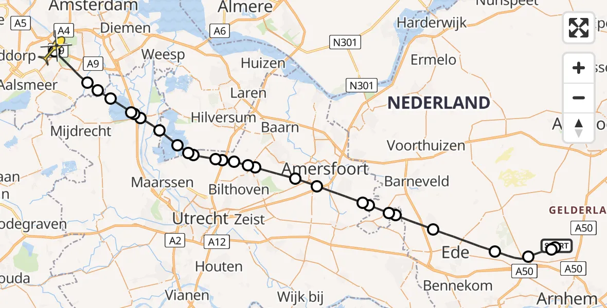 Routekaart van de vlucht: Politieheli naar Schiphol, Kemperheide