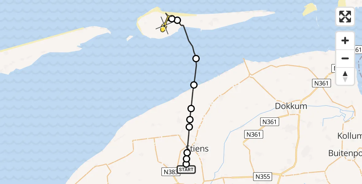 Routekaart van de vlucht: Ambulanceheli naar Ameland Airport Ballum, Skrédyk