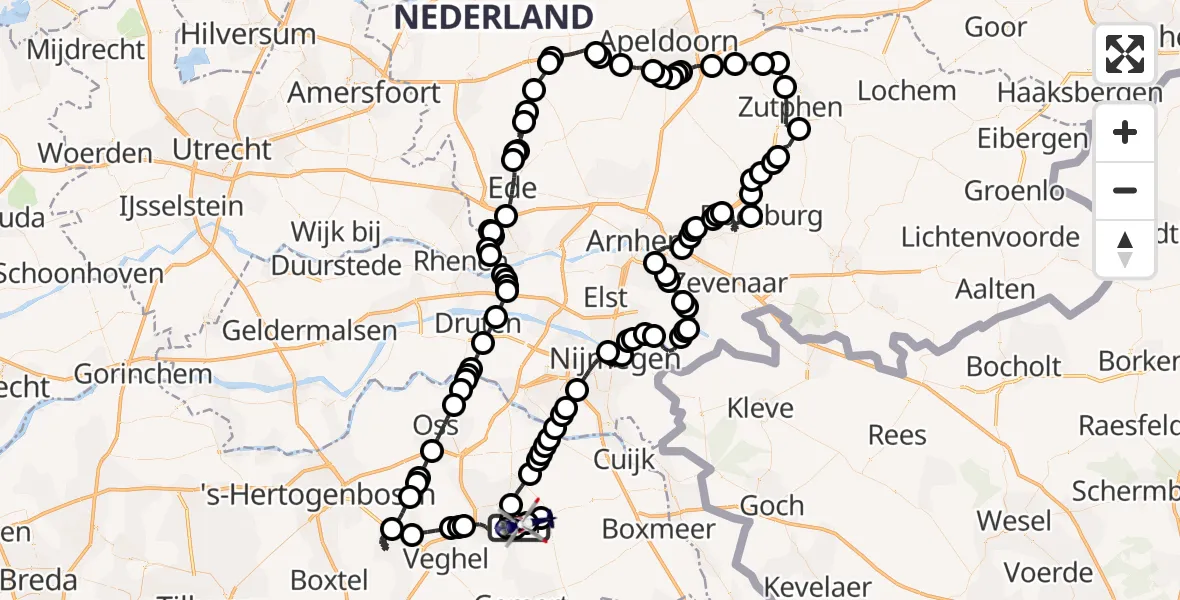 Vluchtroute Politiehelikopter van Vliegbasis Volkel naar Vliegbasis Volkel