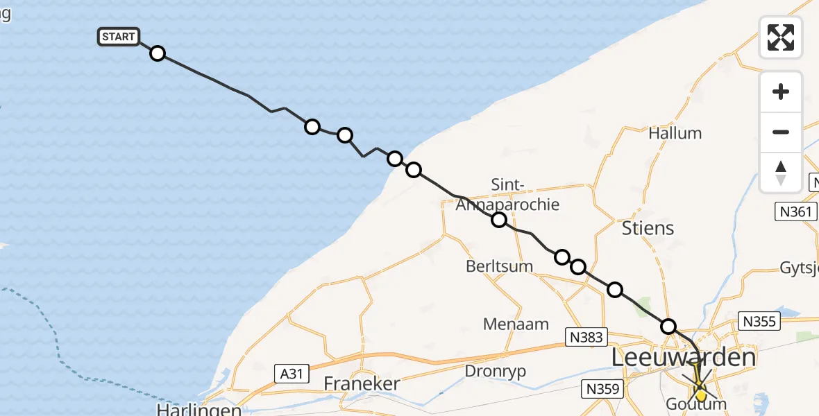 Routekaart van de vlucht: Ambulanceheli naar Leeuwarden, Noorder Balgen