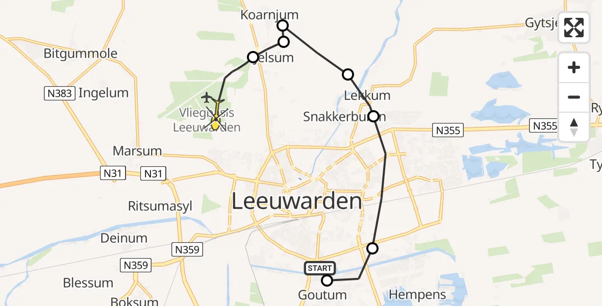 Vluchtroute Ambulancehelikopter van Leeuwarden naar Vliegbasis Leeuwarden