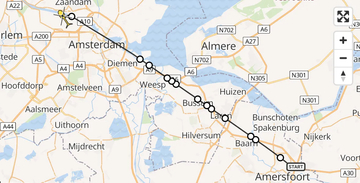 Routekaart van de vlucht: Lifeliner 1 naar Amsterdam Heliport, Hardwareweg