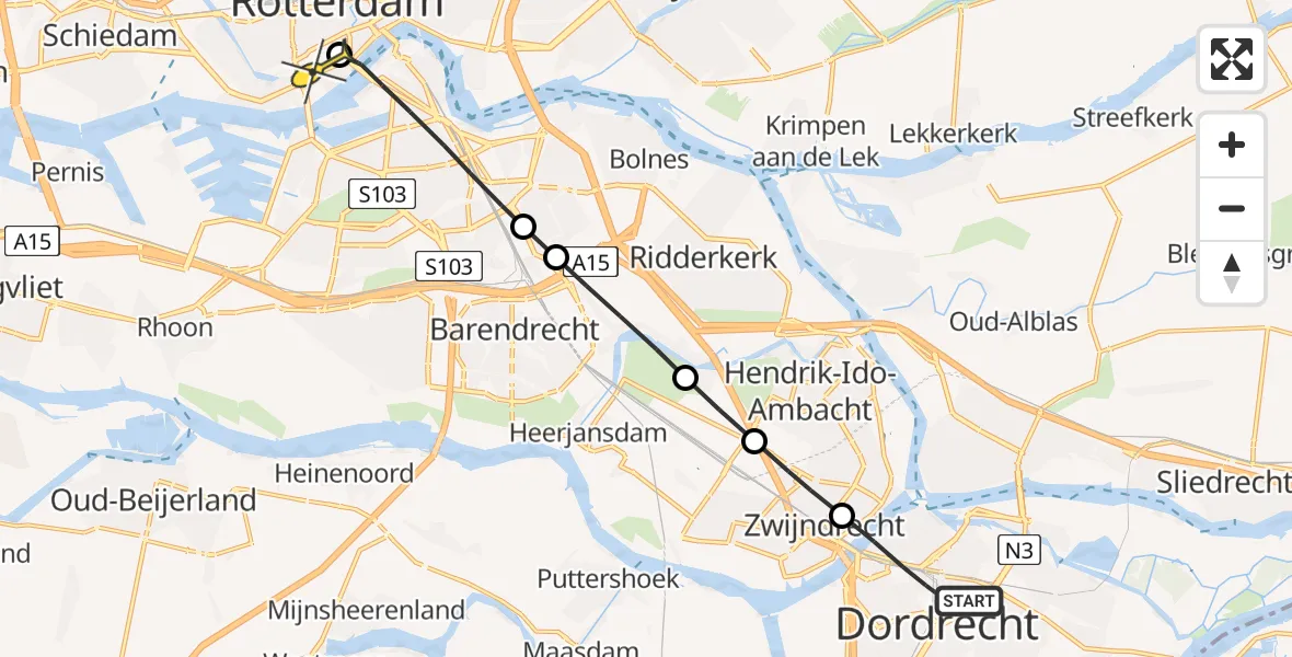 Routekaart van de vlucht: Lifeliner 2 naar Erasmus MC, Frederikstraat